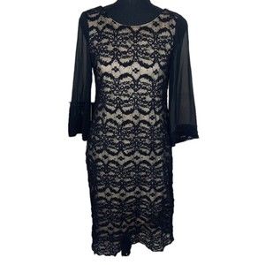R&M Richards Black Lace 3/4 Sleeve Sheath Midi Dress